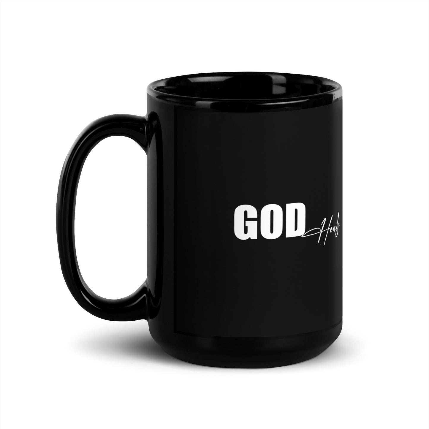 'God Heals" Black Mug