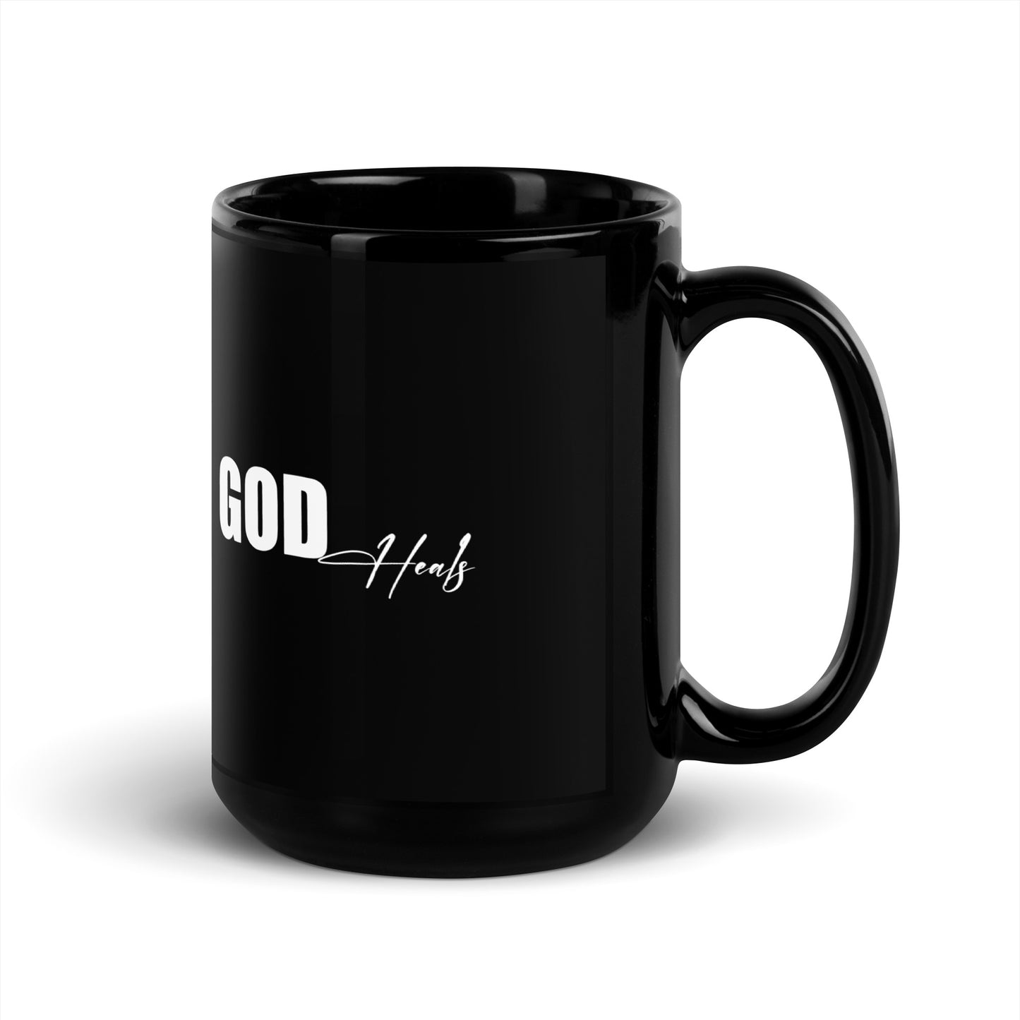 'God Heals" Black Mug